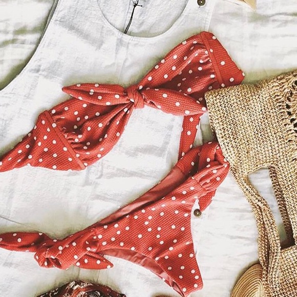 CLEARANCE Rust Polka Dot Knot Tie Bandeau Bikini Set - Picture 6 of 6